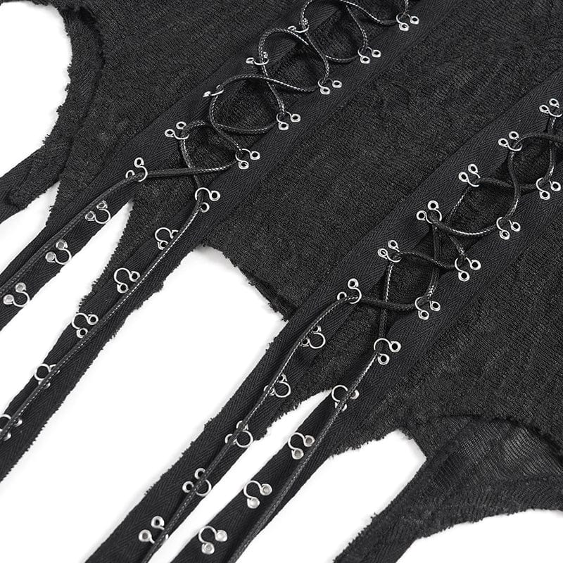 DEVIL FASHION Men's Gothic Irregular Eyelet Strap Lace-up T-shirt