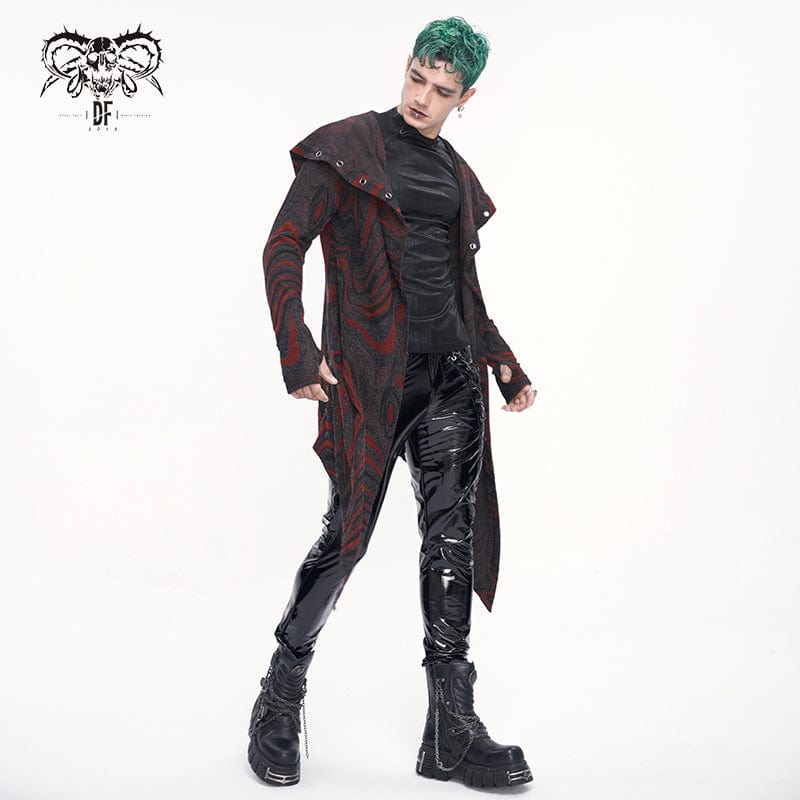 DEVIL FASHION Men's Gothic Irregular Multi-chain Coat with Hood Red