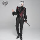 DEVIL FASHION Men's Gothic Irregular Rose Printed Contrast Color Waistcoat with Detachable Feather Accessory