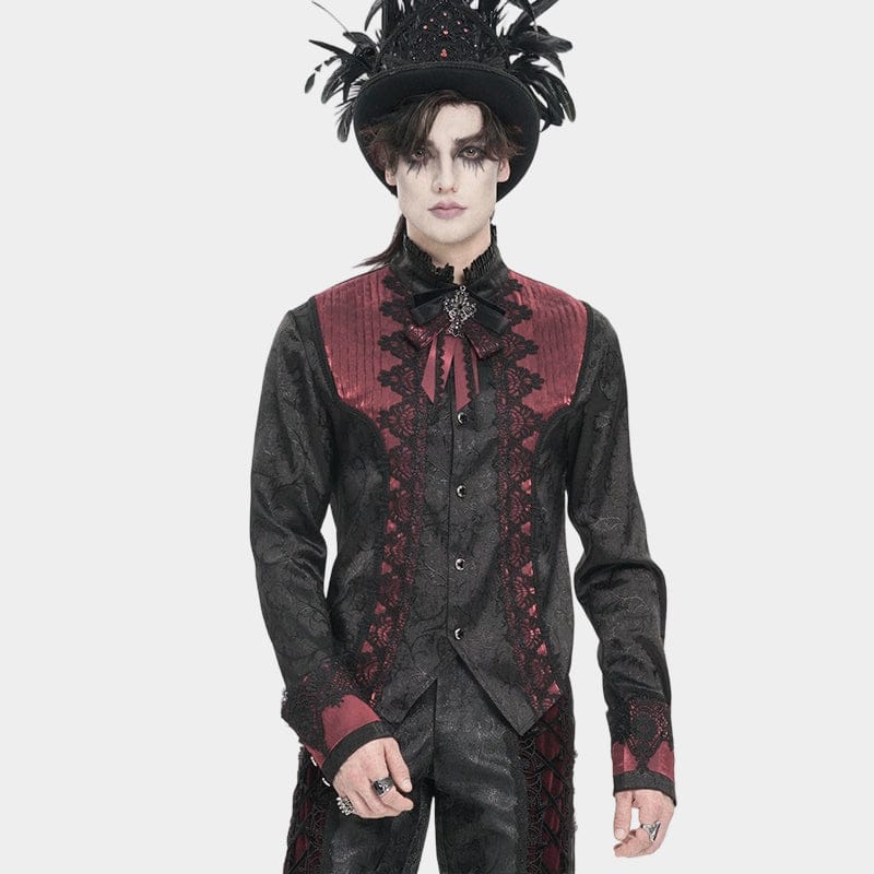 DEVIL FASHION Men's Gothic Jacquard Decal Stand Collar Shirt Red