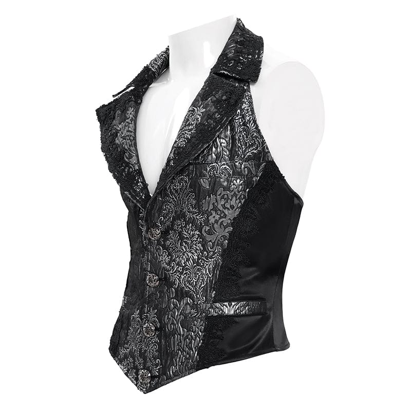 DEVIL FASHION Men's Gothic Jacquard Single-breasted Halterneck Vest Silver