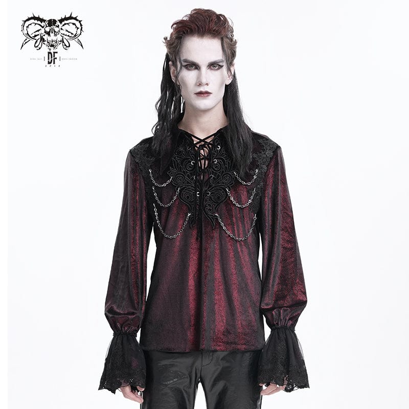 DEVIL FASHION Men's  Gothic Lace-up Chain Lace Shirt Wine Red