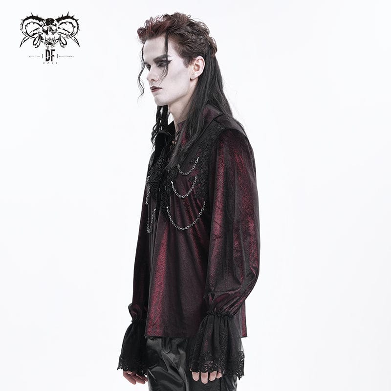 DEVIL FASHION Men's  Gothic Lace-up Chain Lace Shirt Wine Red