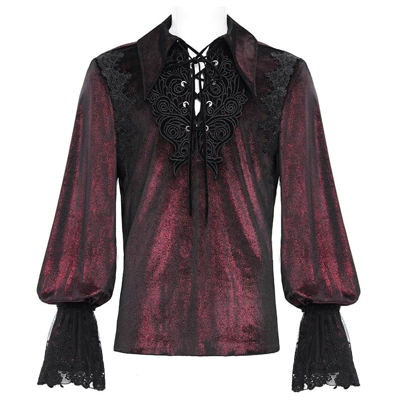 DEVIL FASHION Men's  Gothic Lace-up Chain Lace Shirt Wine Red