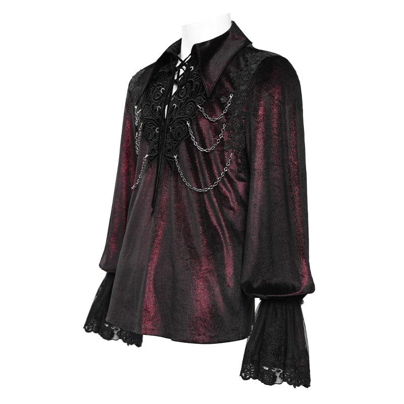 DEVIL FASHION Men's  Gothic Lace-up Chain Lace Shirt Wine Red