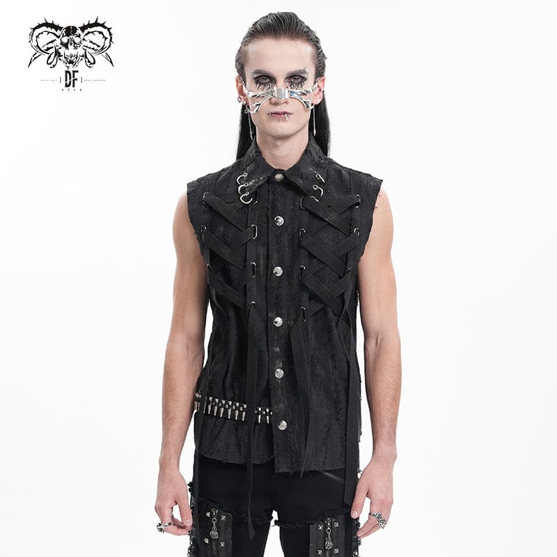 DEVIL FASHION Men's Gothic Lace-up Ripped Ring Vest