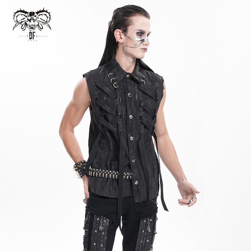 DEVIL FASHION Men's Gothic Lace-up Ripped Ring Vest