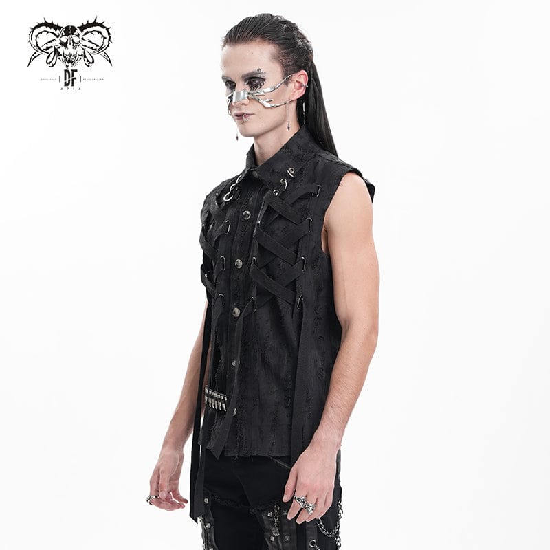 DEVIL FASHION Men's Gothic Lace-up Ripped Ring Vest