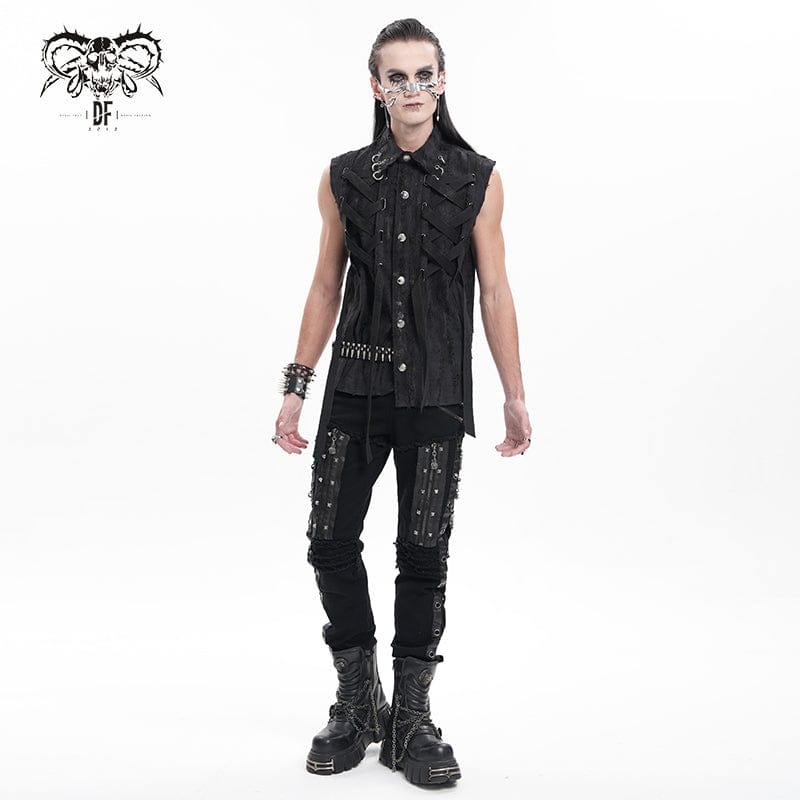 DEVIL FASHION Men's Gothic Lace-up Ripped Ring Vest