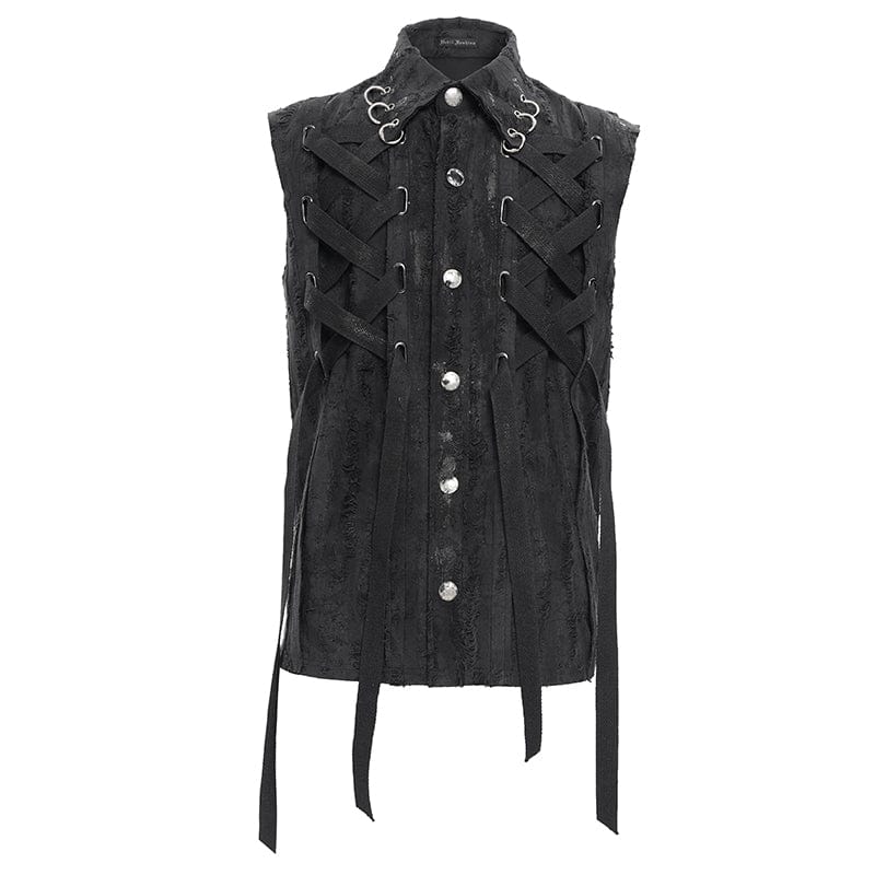 DEVIL FASHION Men's Gothic Lace-up Ripped Ring Vest