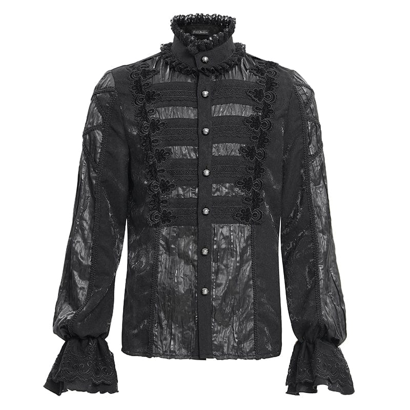 DEVIL FASHION Men's  Gothic Pleated Lace Crochet Shirt