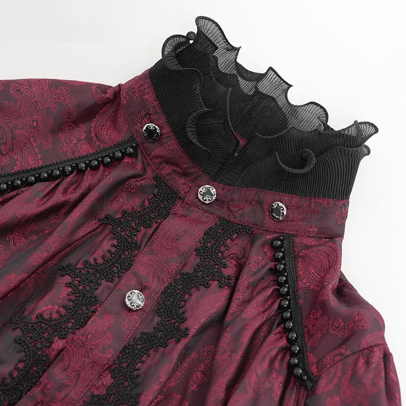 DEVIL FASHION Men's Gothic Puff Sleeved Beaded Shirt with Lace Necktie