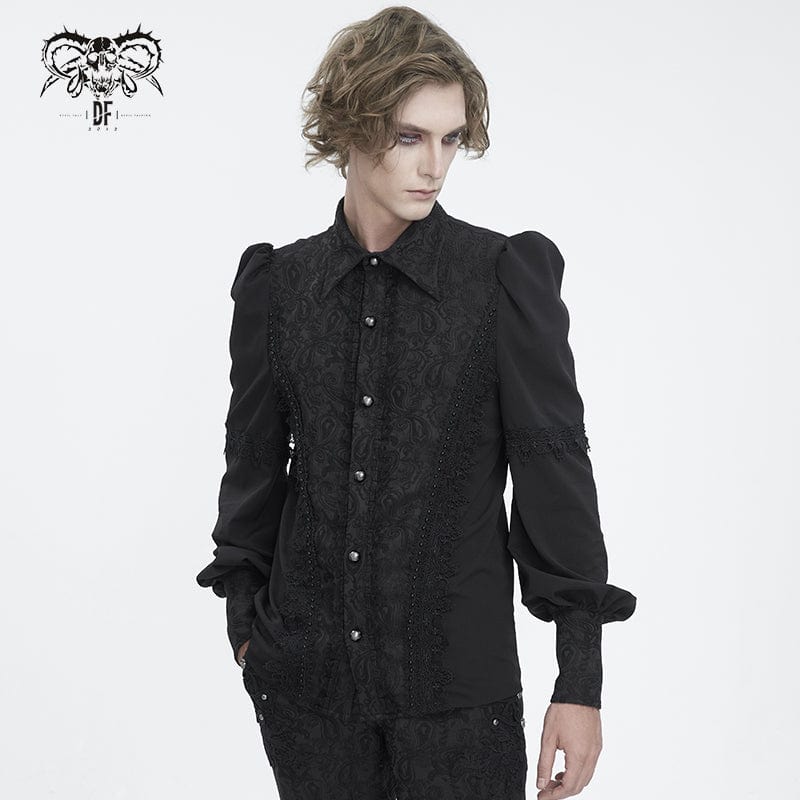 DEVIL FASHION Men's Gothic Puff Sleeved Jacquard Splice Shirt