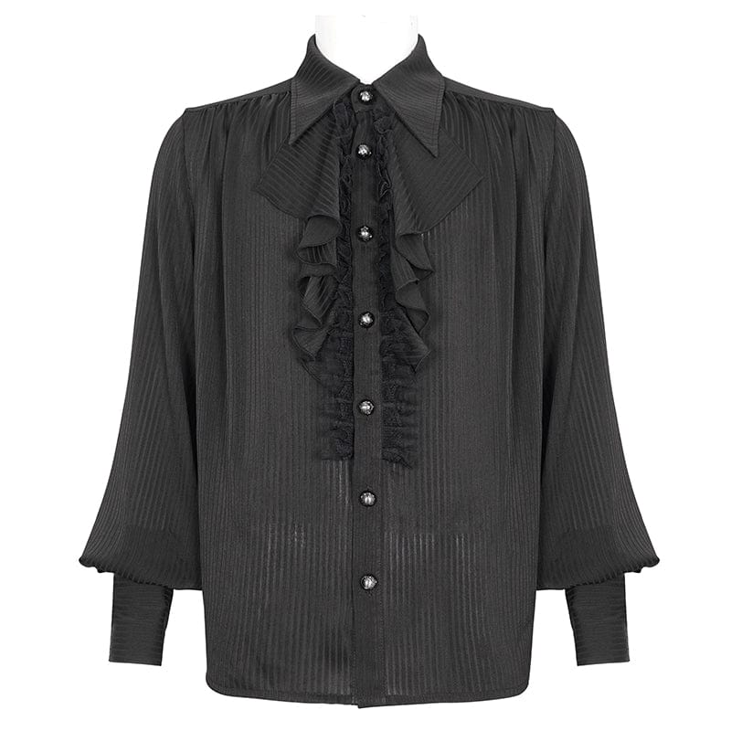 DEVIL FASHION Men's Gothic Puff Sleeved Ruffled Lace Splice Shirt Black