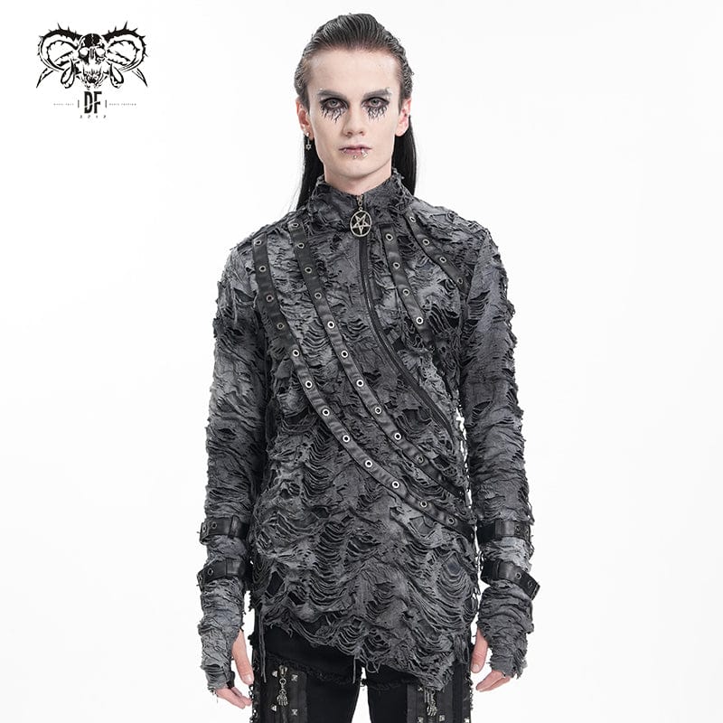 DEVIL FASHION Men's Gothic Ripped Eyelets Strap Sweatershirt