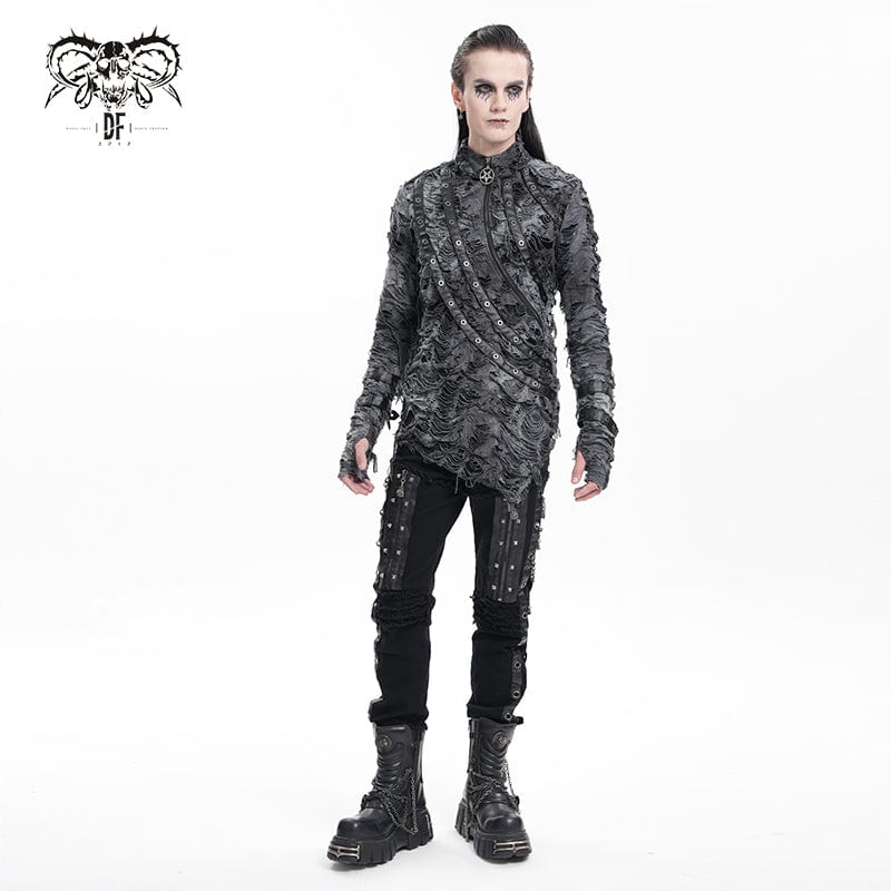 DEVIL FASHION Men's Gothic Ripped Eyelets Strap Sweatershirt