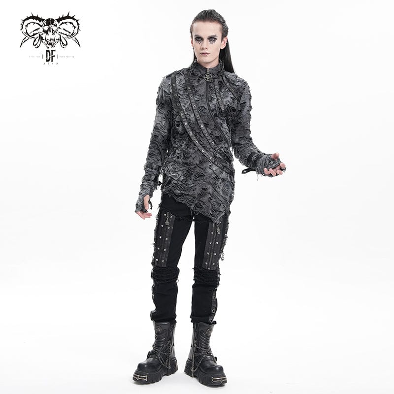 DEVIL FASHION Men's Gothic Ripped Eyelets Strap Sweatershirt