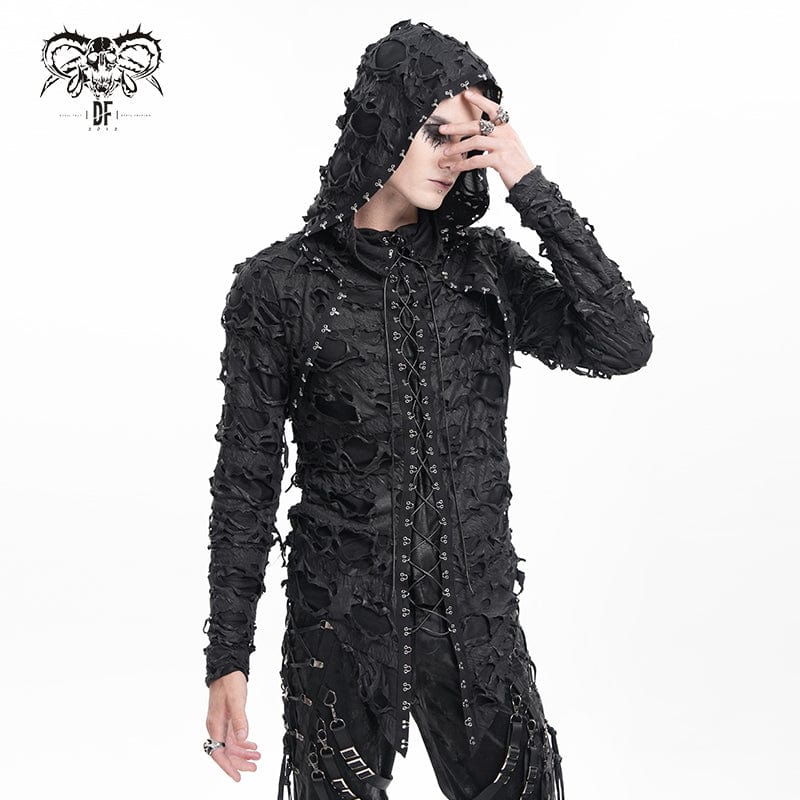 DEVIL FASHION Men's Gothic Ripped Lace-up Studs Hoodies