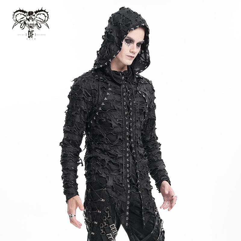 DEVIL FASHION Men's Gothic Ripped Lace-up Studs Hoodies