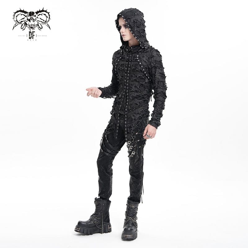 DEVIL FASHION Men's Gothic Ripped Lace-up Studs Hoodies