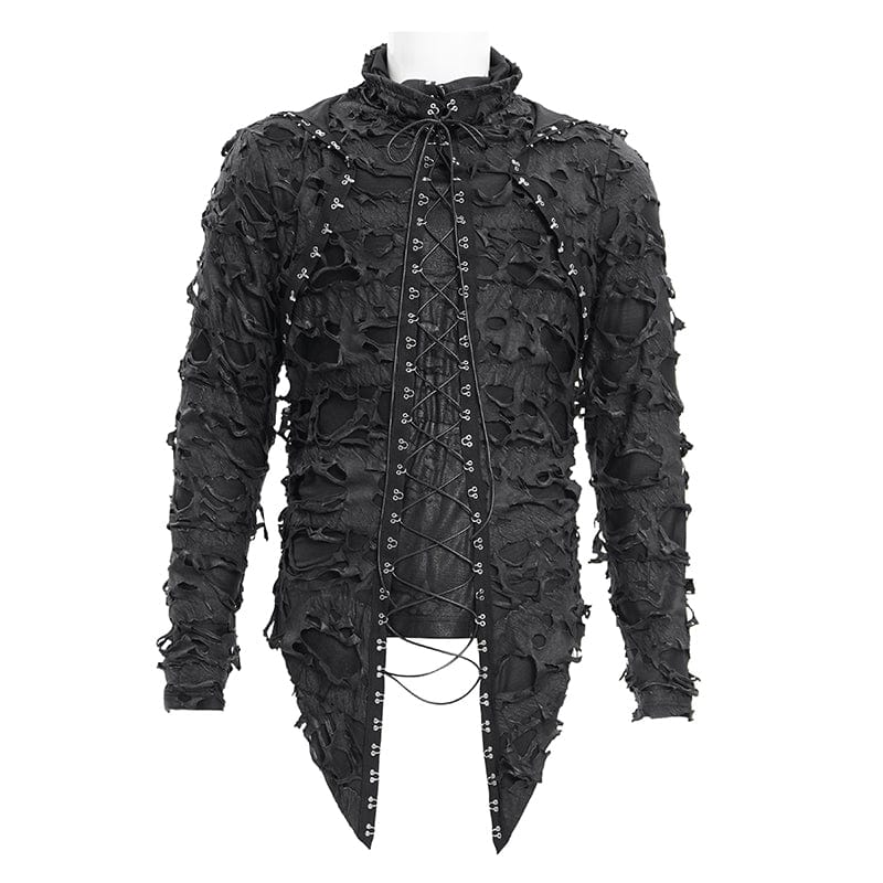 DEVIL FASHION Men's Gothic Ripped Lace-up Studs Hoodies