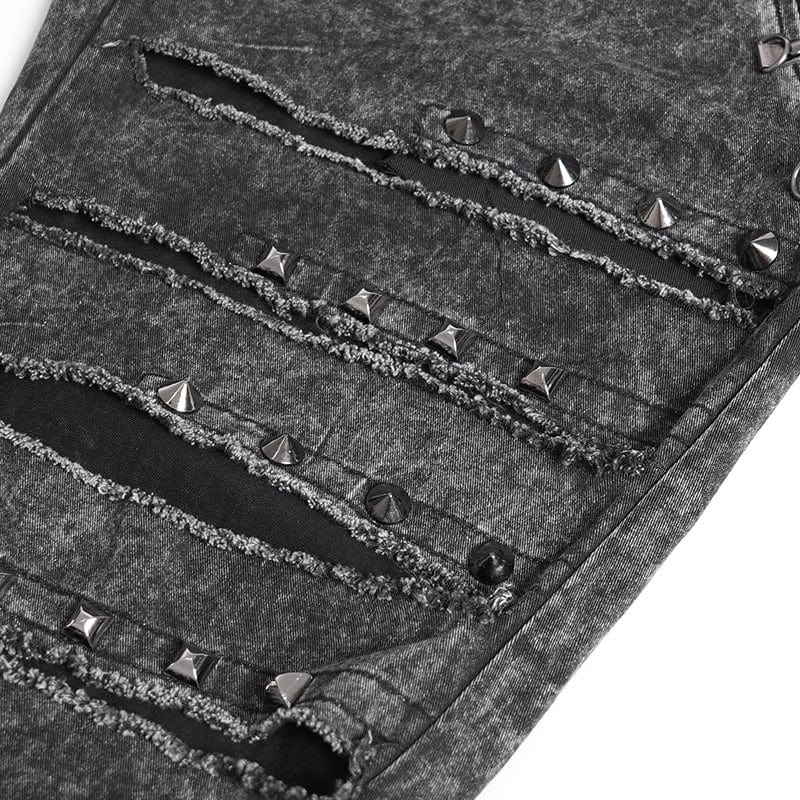 DEVIL FASHION Men's Gothic Ripped Studded Pants with Chain
