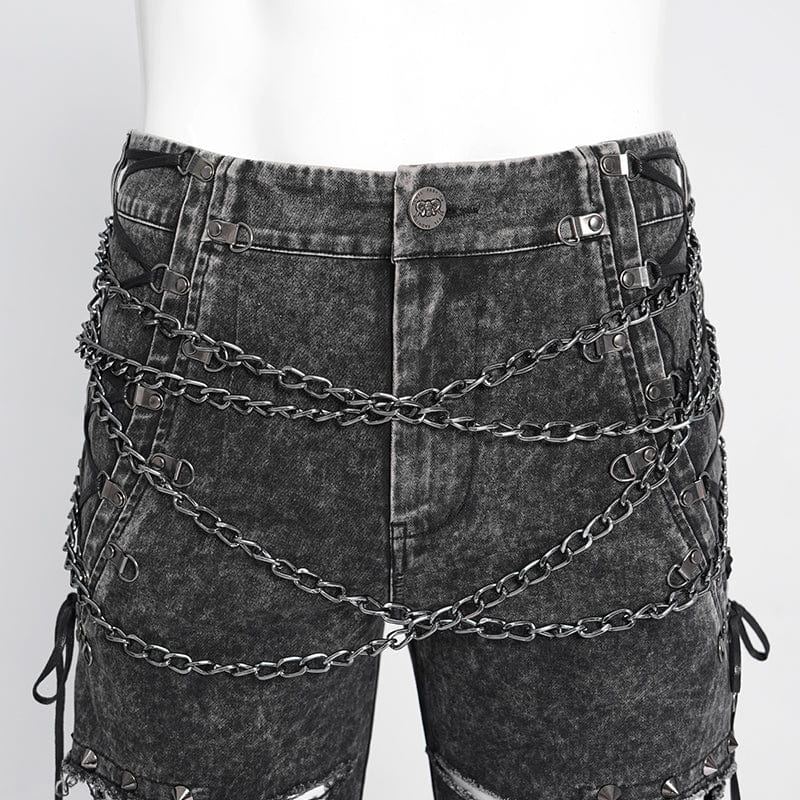 DEVIL FASHION Men's Gothic Ripped Studded Pants with Chain