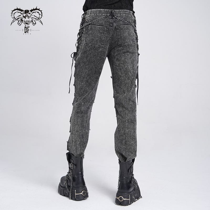 DEVIL FASHION Men's Gothic Ripped Studded Pants with Chain