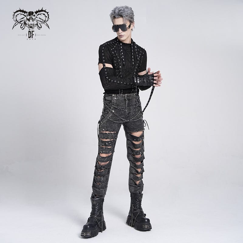 DEVIL FASHION Men's Gothic Ripped Studded Pants with Chain