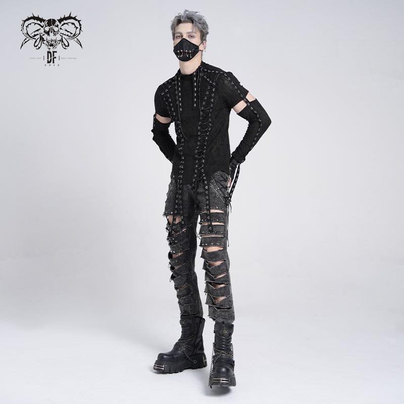 DEVIL FASHION Men's Gothic Ripped Studded Pants with Chain