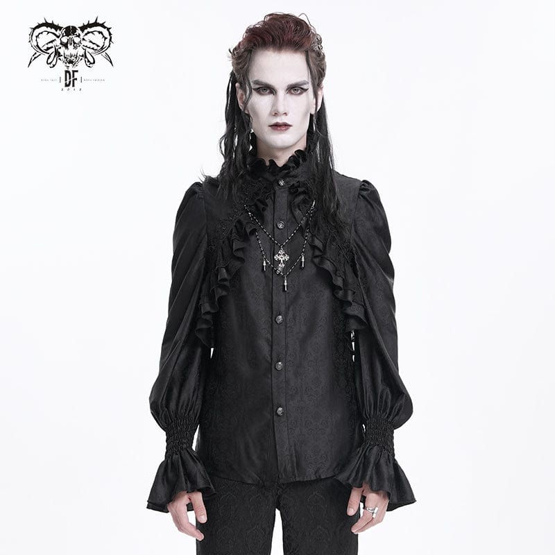 DEVIL FASHION Men's  Gothic Ruffled Lace Cross Shirt