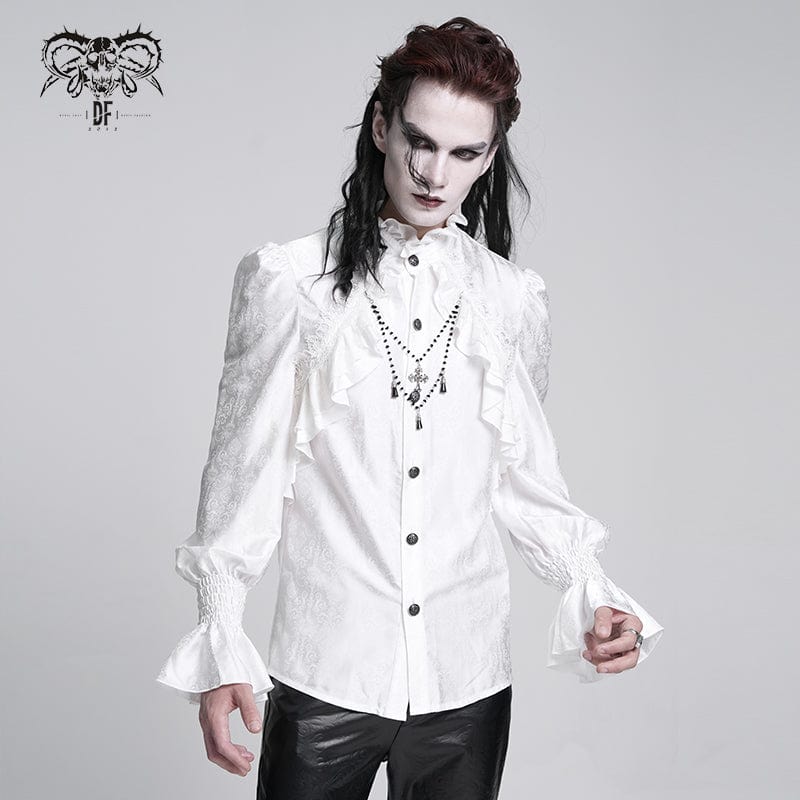 DEVIL FASHION Men's  Gothic Ruffled Lace Cross Shirt White