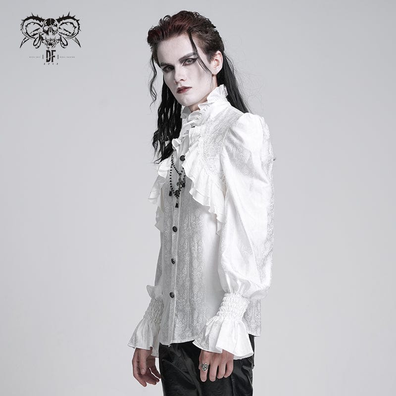 DEVIL FASHION Men's  Gothic Ruffled Lace Cross Shirt White