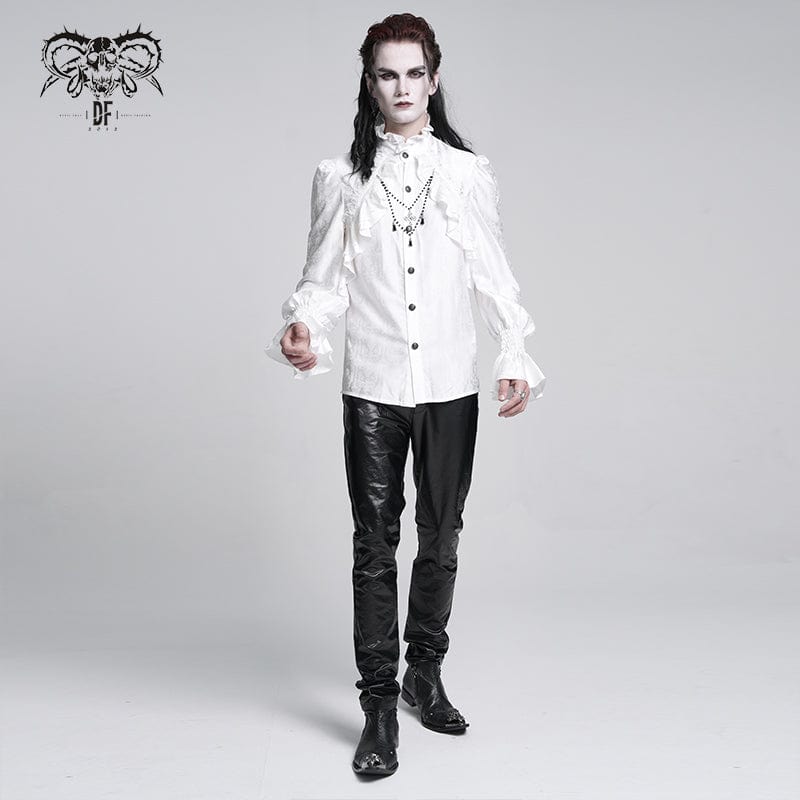 DEVIL FASHION Men's  Gothic Ruffled Lace Cross Shirt White