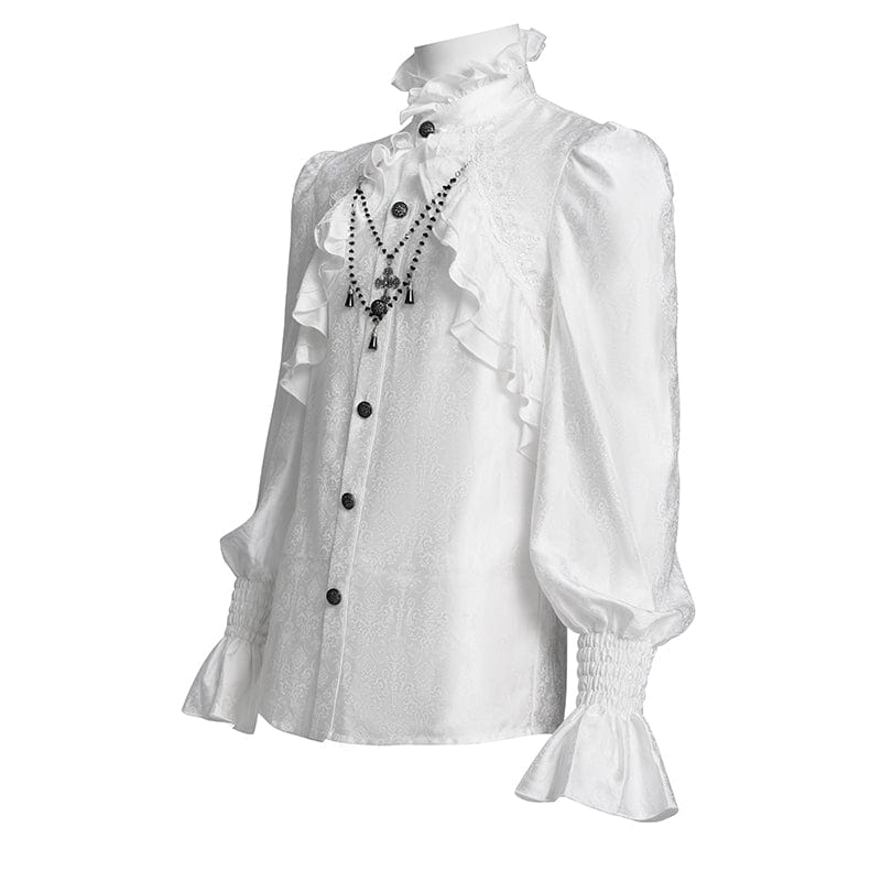 DEVIL FASHION Men's  Gothic Ruffled Lace Cross Shirt White