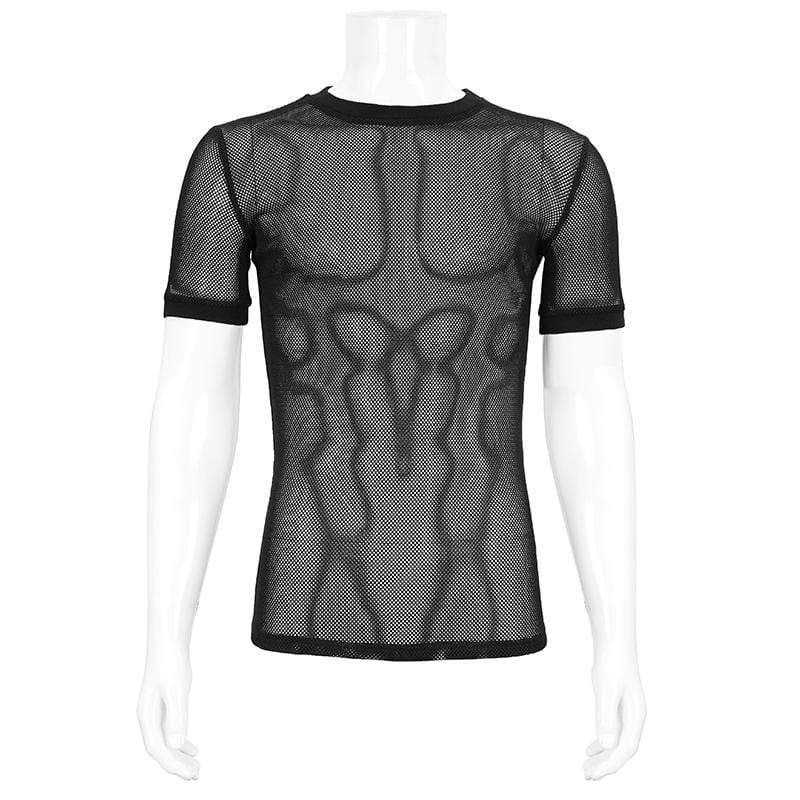 DEVIL FASHION Men's Gothic Short-sleeved Sheer Mesh Shirt