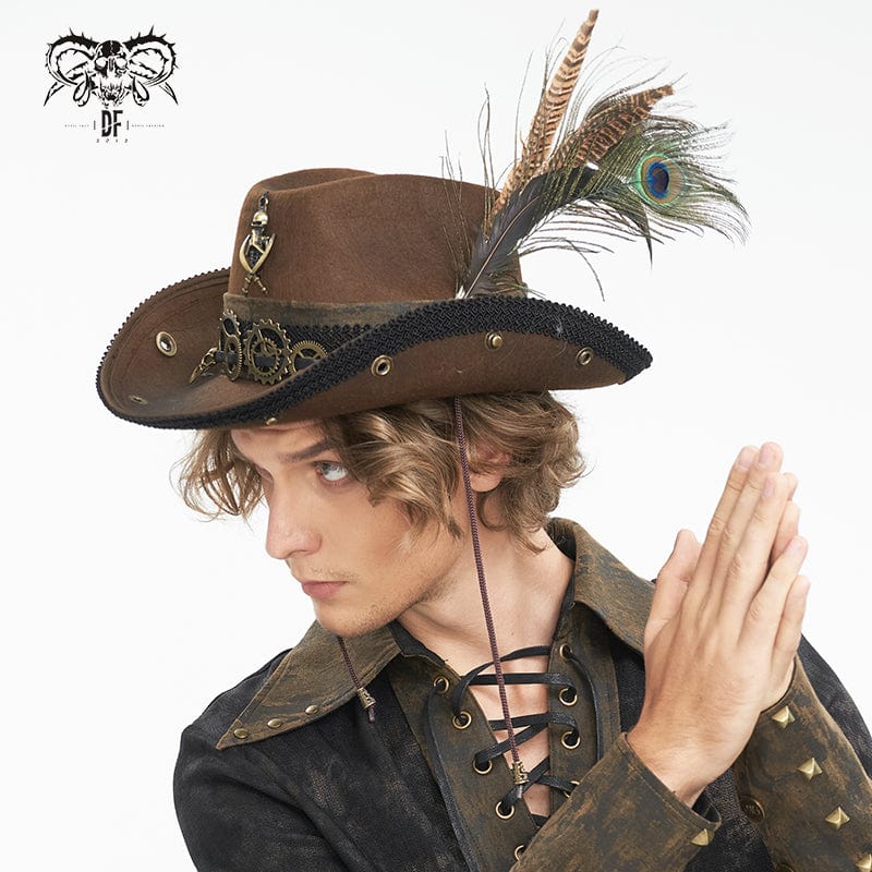 DEVIL FASHION Men's Gothic Skull Feather Cowboy Hat