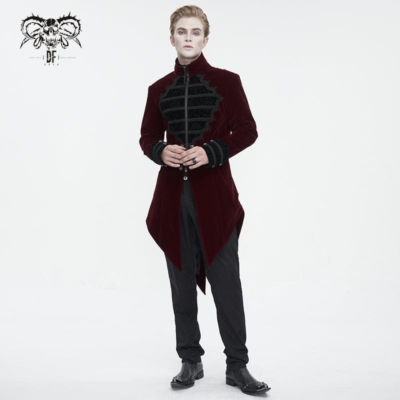 DEVIL FASHION Men's Gothic Stand Collar Lace Splice Swallow-tailed Coat Red
