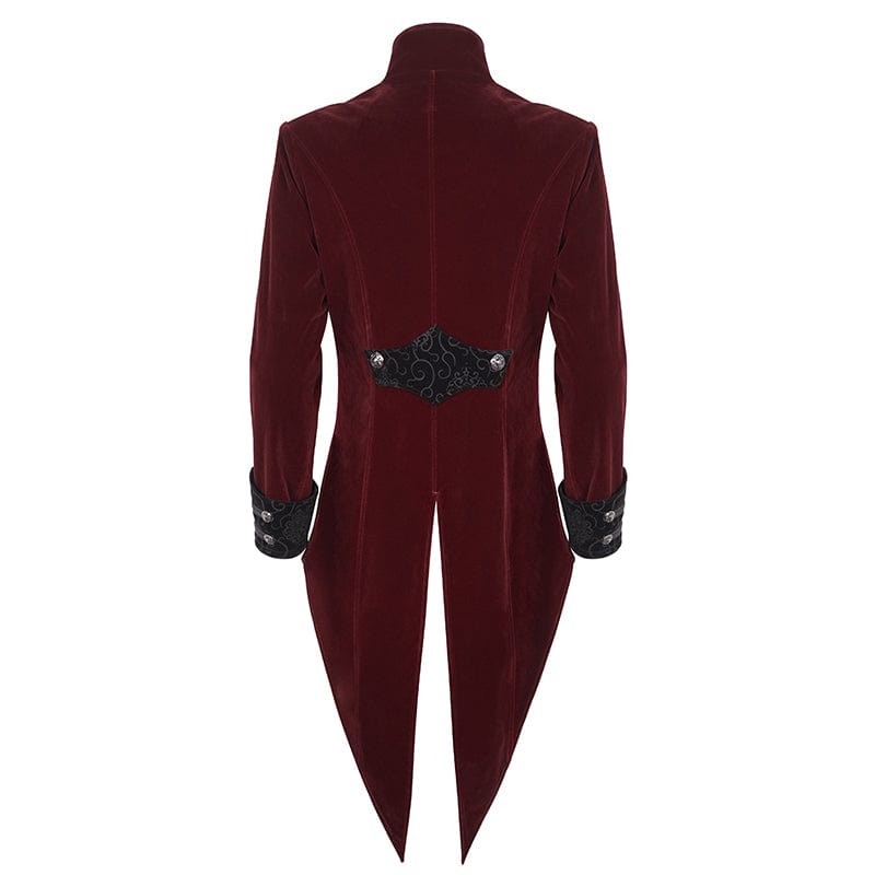 DEVIL FASHION Men's Gothic Stand Collar Lace Splice Swallow-tailed Coat Red