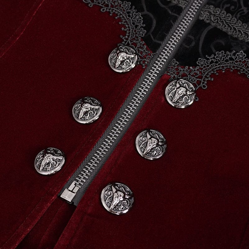 DEVIL FASHION Men's Gothic Stand Collar Lace Splice Swallow-tailed Coat Red