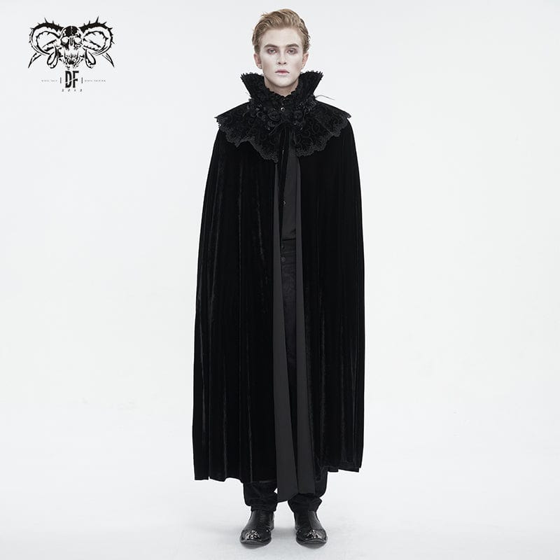 DEVIL FASHION Men's Gothic Stand Collar Lace Splice Velvet Cloak
