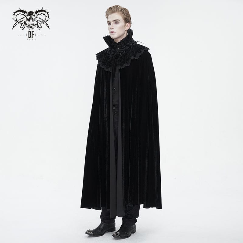 DEVIL FASHION Men's Gothic Stand Collar Lace Splice Velvet Cloak