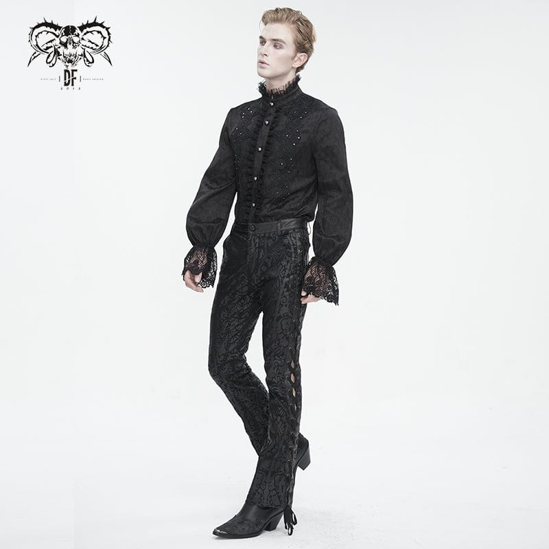 DEVIL FASHION Men's Gothic Stand Collar Puff Sleeved Lace Splice Shirt