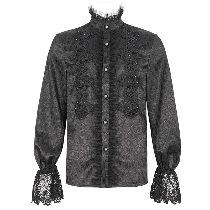 DEVIL FASHION Men's Gothic Stand Collar Puff Sleeved Lace Splice Shirt