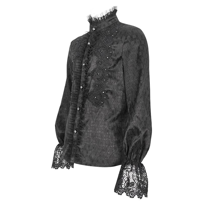 DEVIL FASHION Men's Gothic Stand Collar Puff Sleeved Lace Splice Shirt