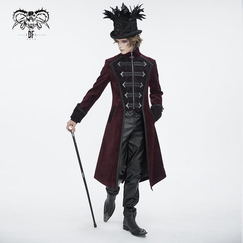 DEVIL FASHION Men's Gothic Stand Collar Red Swallow-tailed Coat