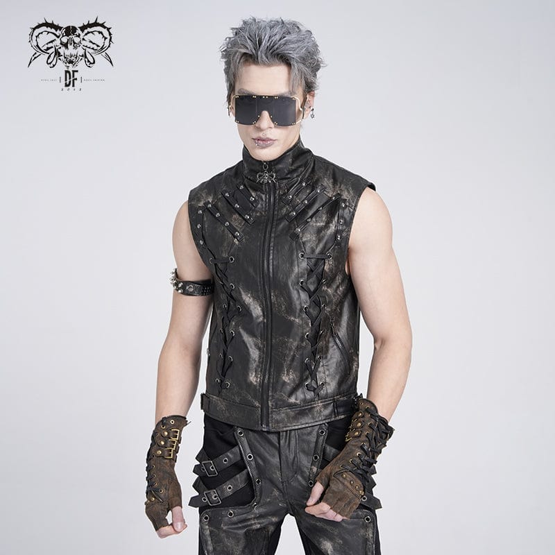 DEVIL FASHION Men's Gothic Stand Collar Strappy Splice Waistcoat