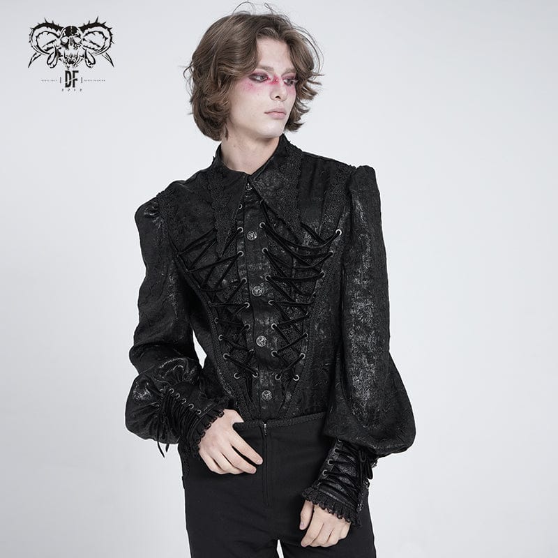 DEVIL FASHION Men's Gothic Strappy Puff Sleeved Lace Hem Shirt