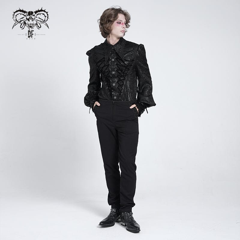 DEVIL FASHION Men's Gothic Strappy Puff Sleeved Lace Hem Shirt