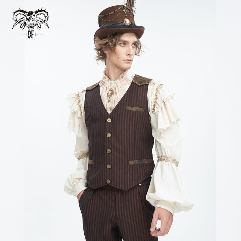 DEVIL FASHION Men's Gothic Striped Faux Leather Splice Coffee Vest